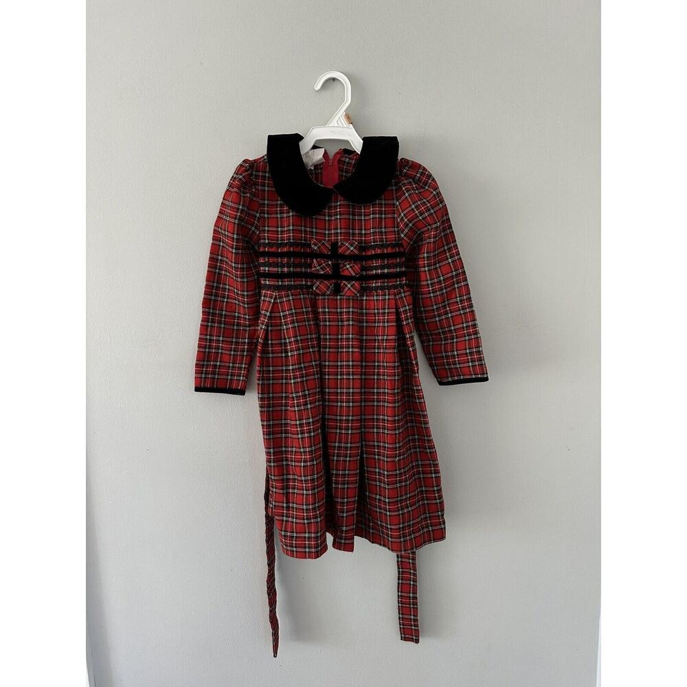 Vintage Bonnie Jean Red Christmas Plaid Dress Girls Size 4 Velvet Trim